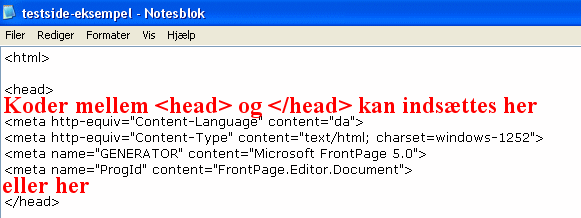 Eksempel indst koden mellem <head> og </head> et af disse to steder