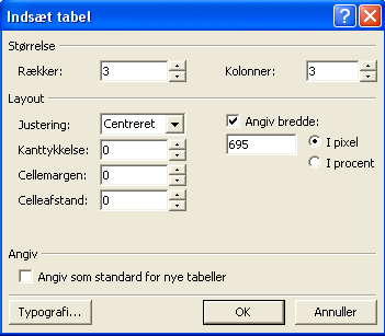 Tabel / Indst / Tabel  - og vlg disse indstillinger