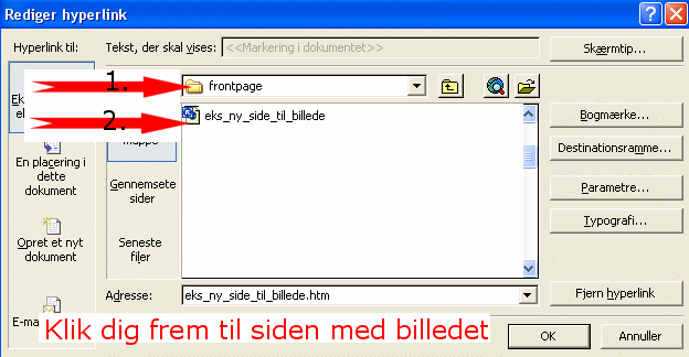 Rediger hyperlink - fra billedet til siden med billedet