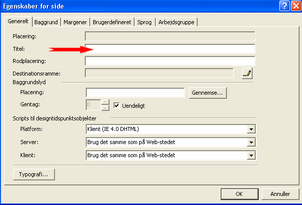 Egenskaber for side - Skriv sidens titel ud for linjen Titel