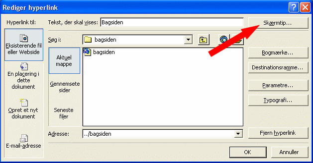 Rediger hyperlink - klik p� knappen Sk�rmtip